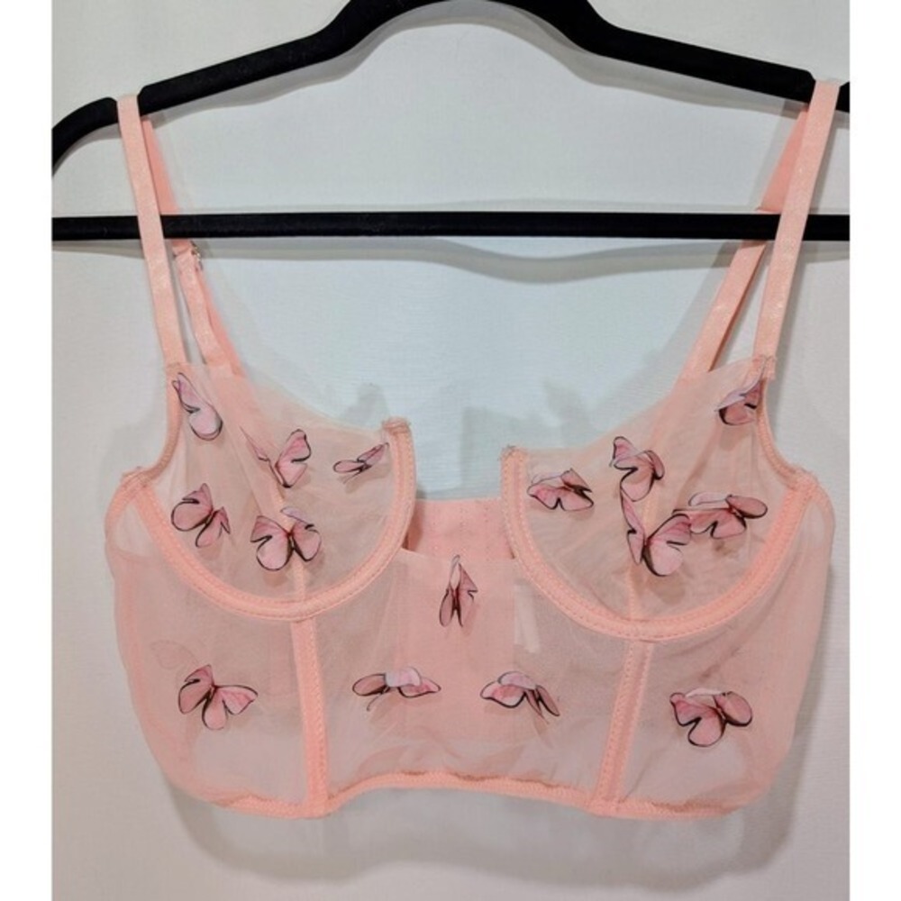 Fashion Nova 3D‎ Butterfly Mesh Bralette Top Pink Sheer with Boning – Size Small
